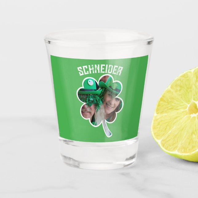 Custom Name Irish clover photo St Patricks Day Shot Glass (Front)