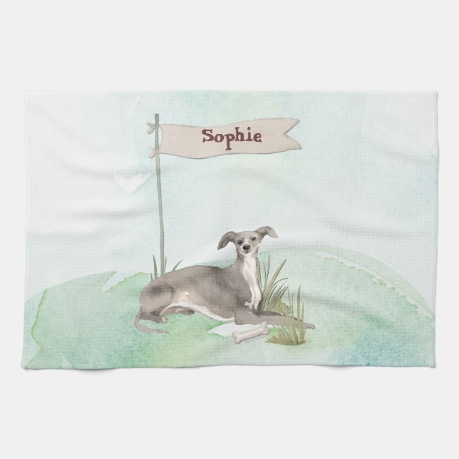 Custom Name Italian Greyhound Pet Dog Tea Towel (Horizontal)