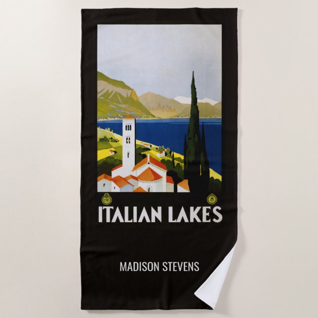 Custom name Italian Lakes Vintage Travel Beach Towel (Front)