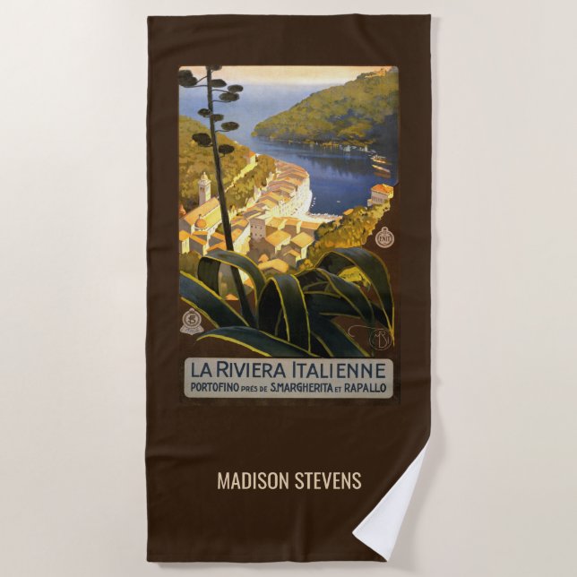 Custom name Italian Riviera Vintage Travel Beach Towel (Front)