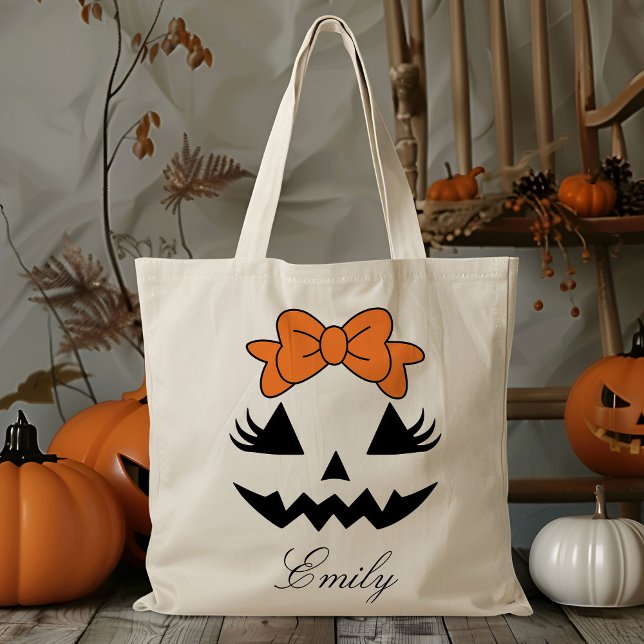 Custom Name Jack O Lantern Pumpkin Trick Or Treat Tote Bag (Creator Uploaded)