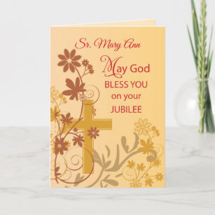 Custom Name, Jubilee Anniversary Nun Cross, Swirls Card