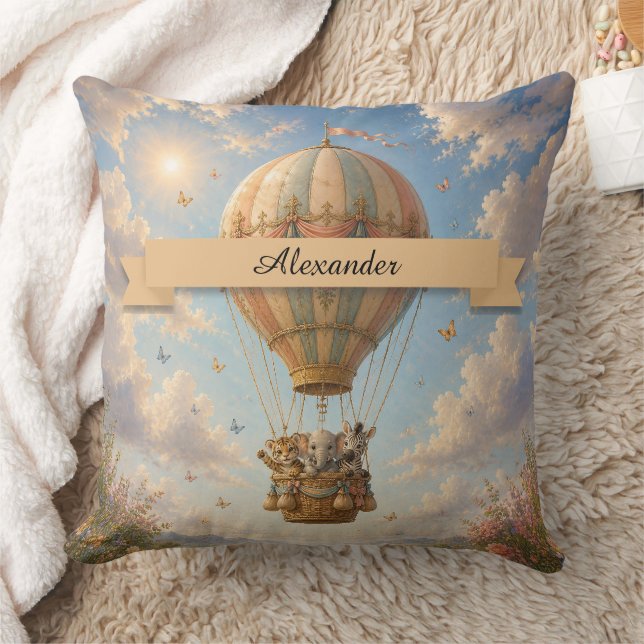 Custom Name Jungle Animals Hot Air Balloon Cushion (Blanket)