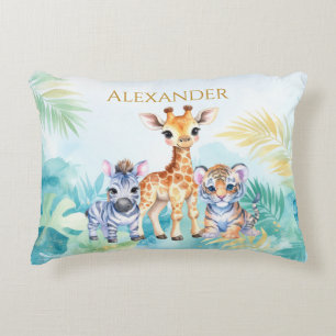 Custom Name Jungle Baby Zebra Giraffe and Tiger Decorative Cushion