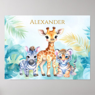 Custom Name Jungle Baby Zebra Giraffe and Tiger Poster