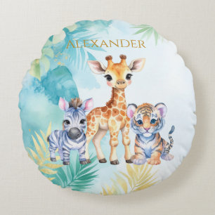 Custom Name Jungle Baby Zebra Giraffe and Tiger Round Cushion