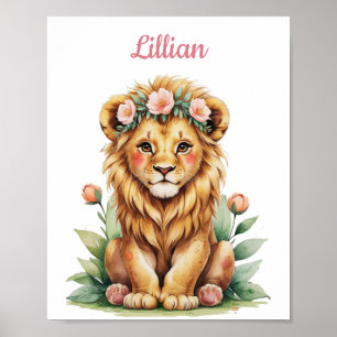Custom Name Jungle Girl Nursery Baby Lion Poster