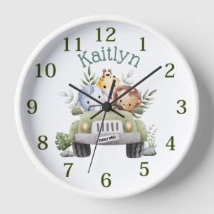 Custom Name Jungle Safari Animals Green Truck Clock