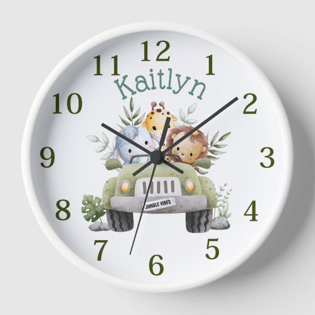 Custom Name Jungle Safari Animals Green Truck   Clock (Front)