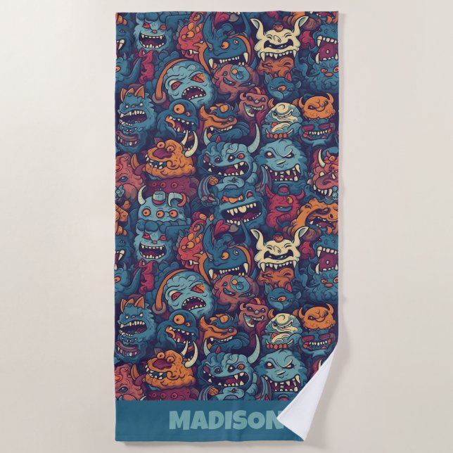 Custom Name Kids' Monster Pattern Beach Towel (Front)