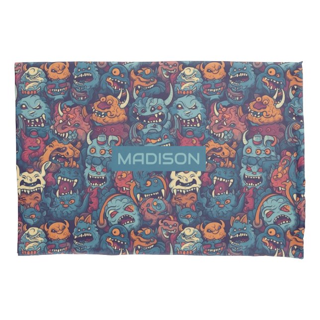 Custom Name Kids' Monster Pattern Pillowcase (Front)