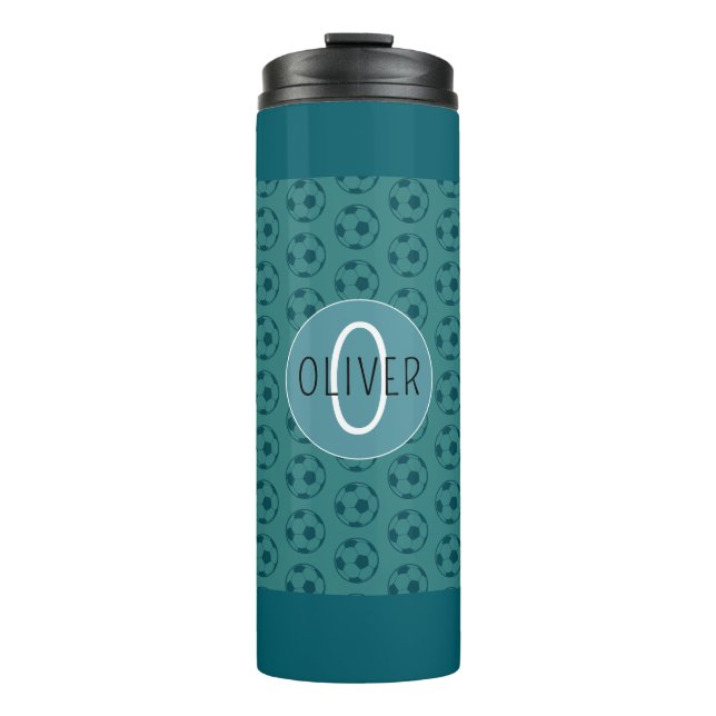 Custom Name Kids Soccer Ball Blue Thermal Tumbler (Front)