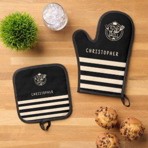 Custom Name King of the Grill Black Oven Mitt & Pot Holder Set