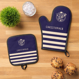 Custom Name King of the Grill Navy Oven Mitt & Pot Holder Set