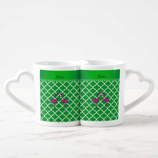 Custom name kissing flamingo green moroccan coffee mug set
