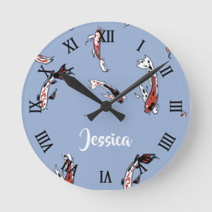 Custom name koi fish blue round clock