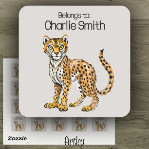 custom name label, cute cheetah square sticker