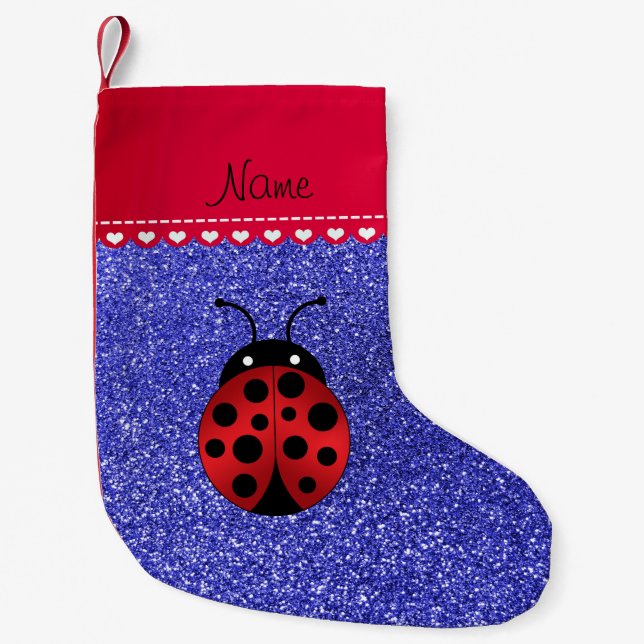 Custom name ladybug blue glitter red stripe small christmas stocking (Front)