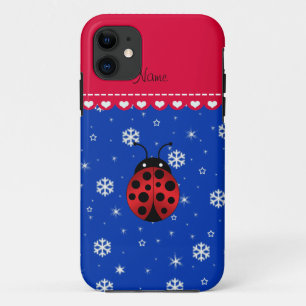 Custom name ladybug blue snowflakes red stripe iPhone 11 case