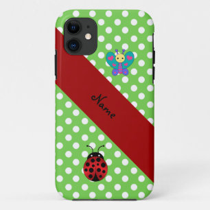 Custom name ladybug butterfly green polka dots iPhone 11 case