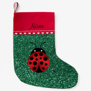 Custom name ladybug mint green glitter red stripe small christmas stocking