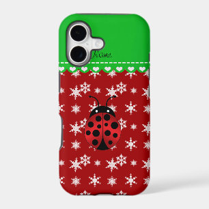 Custom name ladybug red snowflakes green stripe