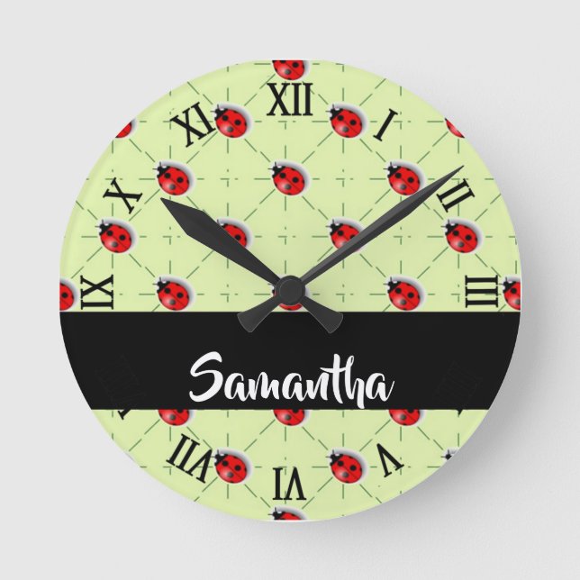 Custom name ladybugs pattern round clock (Front)