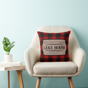 Custom Name Lake House Rustic Plaid Cushion