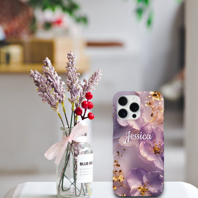 Custom Name Lavender Floral Gold Personalised  iPhone Case (Creator Uploaded)