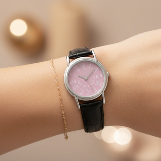 Custom Name Leather Watch Pink Gift for Her or Mum (Personalized Black Leather Gift – Custom Name Watch Gift for Her, Mom, Daughter or Coworkers)