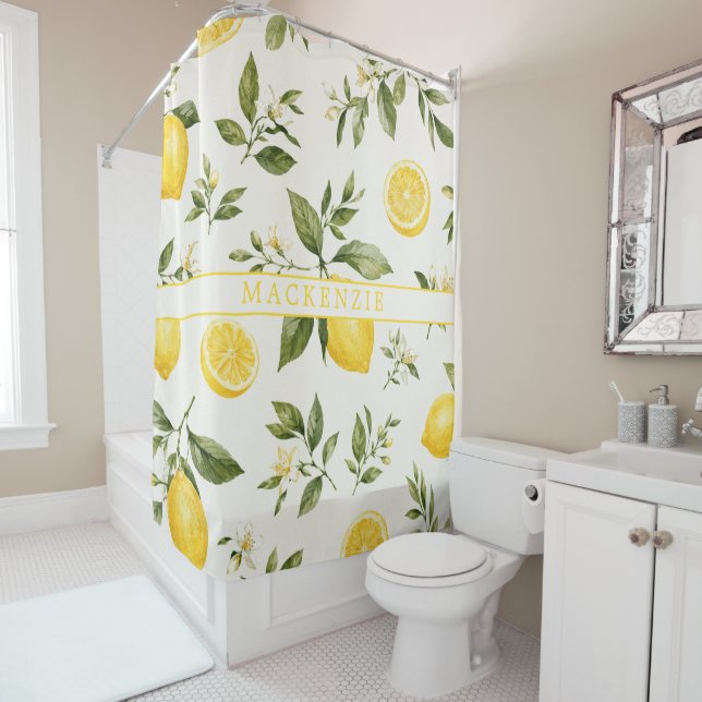 Custom Name Lemon Blossom Botanical Pattern Shower Curtain (In Situ)