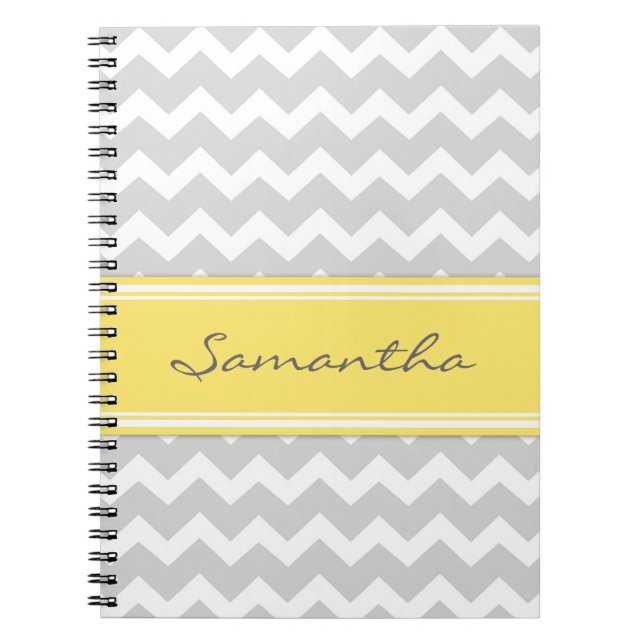 Custom Name Lemon Grey Chevron Notebook (Front)