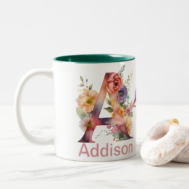 Custom Name Letter A Monogram | Floral Bird Design Two-Tone Coffee Mug (With Donut)