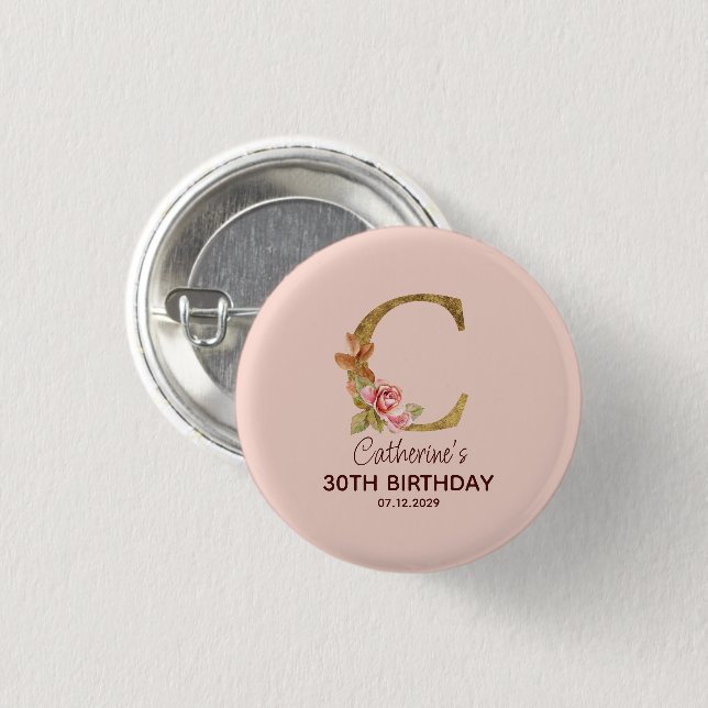Custom Name Letter C Gold Blush Pink Roses Button (Front & Back)