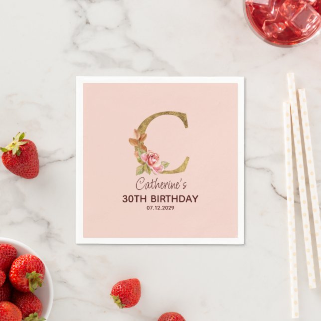 Custom Name Letter C Gold Blush Pink Roses Napkin (Insitu)