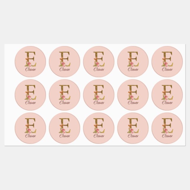 Custom Name Letter E Gold Foil Blush Pink Roses (Sheet)