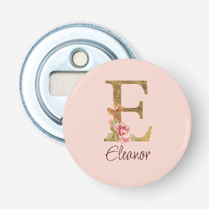 Custom Name Letter E Gold Foil Blush Pink Roses Bottle Opener