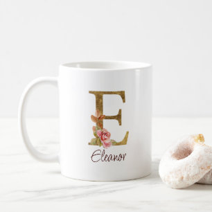Custom Name Letter E Gold Foil Blush Pink Roses Coffee Mug