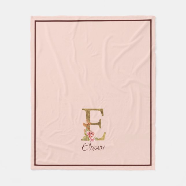 Custom Name Letter E Gold Foil Blush Pink Roses Fleece Blanket (Front)