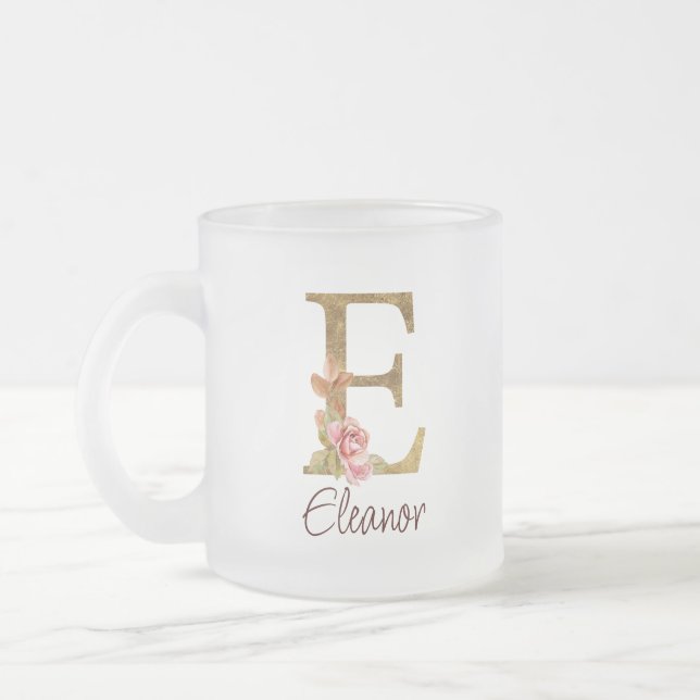 Custom Name Letter E Gold Foil Blush Pink Roses Frosted Glass Coffee Mug (Left)