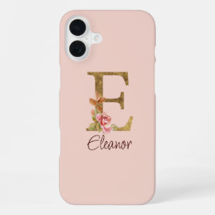 Custom Name Letter E Gold Foil Blush Pink Roses iPhone 16 Plus Case