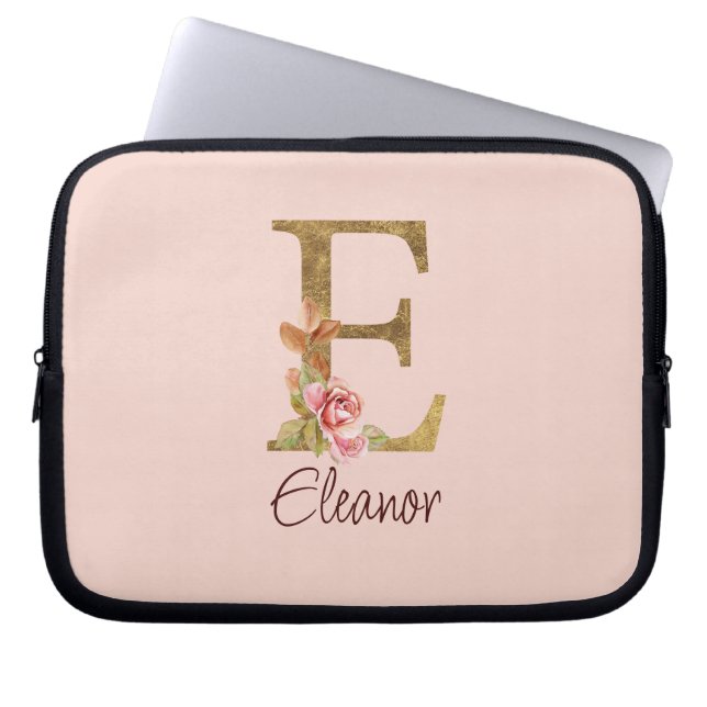 Custom Name Letter E Gold Foil Blush Pink Roses Laptop Sleeve (Front)