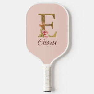 Custom Name Letter E Gold Foil Blush Pink Roses Pickleball Paddle