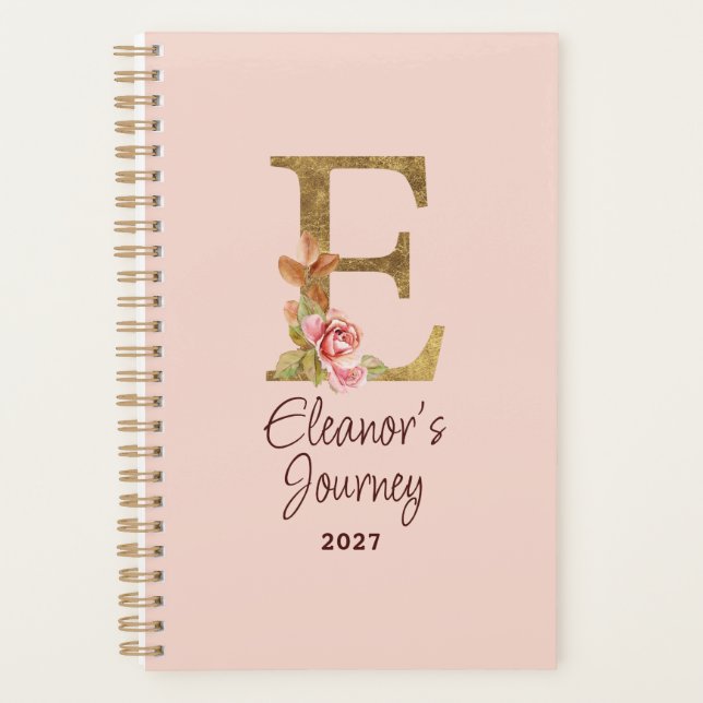 Custom Name Letter E Gold Foil Blush Pink Roses Planner (Front)
