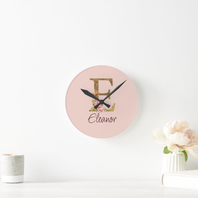 Custom Name Letter E Gold Foil Blush Pink Roses Round Clock (Home)
