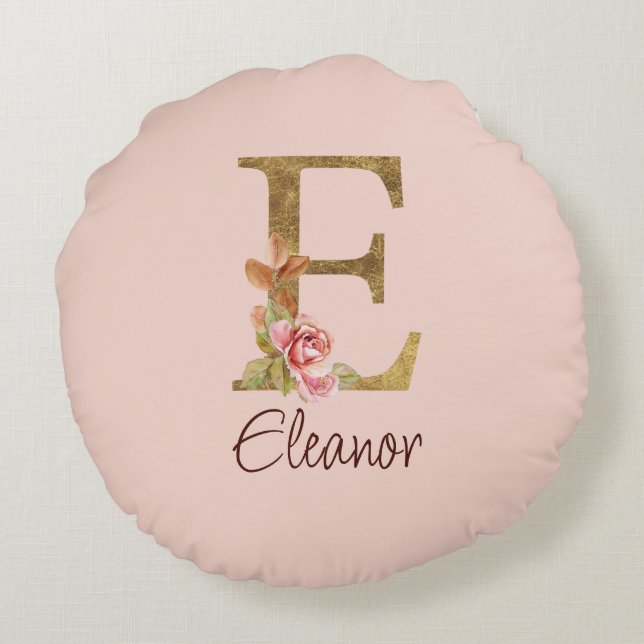 Custom Name Letter E Gold Foil Blush Pink Roses Round Cushion (Back)