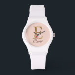 Custom Name Letter E Gold Foil Blush Pink Roses Watch<br><div class="desc">Custom Name Gold Foil Blush Pink Roses Letter E design features a charming floral monogram with radiant gold accents—perfect for soft feminine flair,  romantic occasions,  and personal name touches. Click 'Personalise' to add your name or someone special’s.</div>