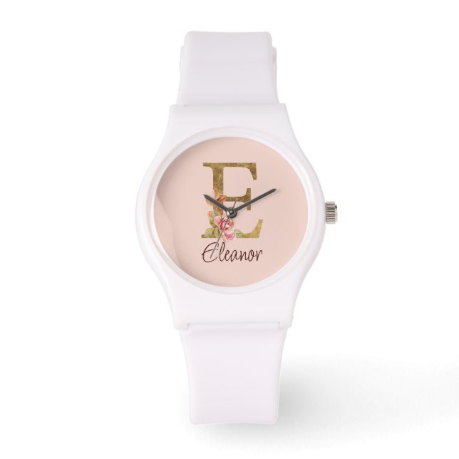 Custom Name Letter E Gold Foil Blush Pink Roses Watch (Front)