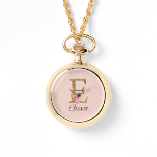 Custom Name Letter E Gold Foil Blush Pink Roses Watch