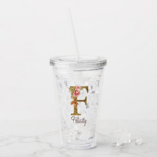 Custom Name Letter F Gold Foil Blush Pink Roses Acrylic Tumbler